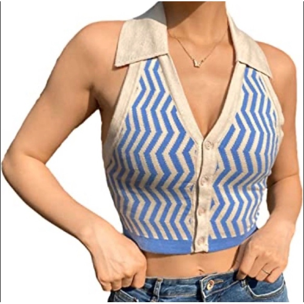 Personality Girl NWT Blue Chevron Knit Halter Y2K Top Button Front Crop Collar M